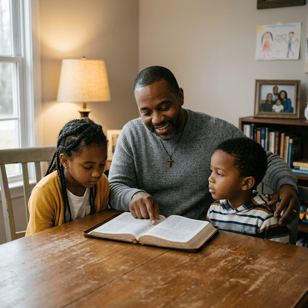 Father reading an open Bible with two children at a table