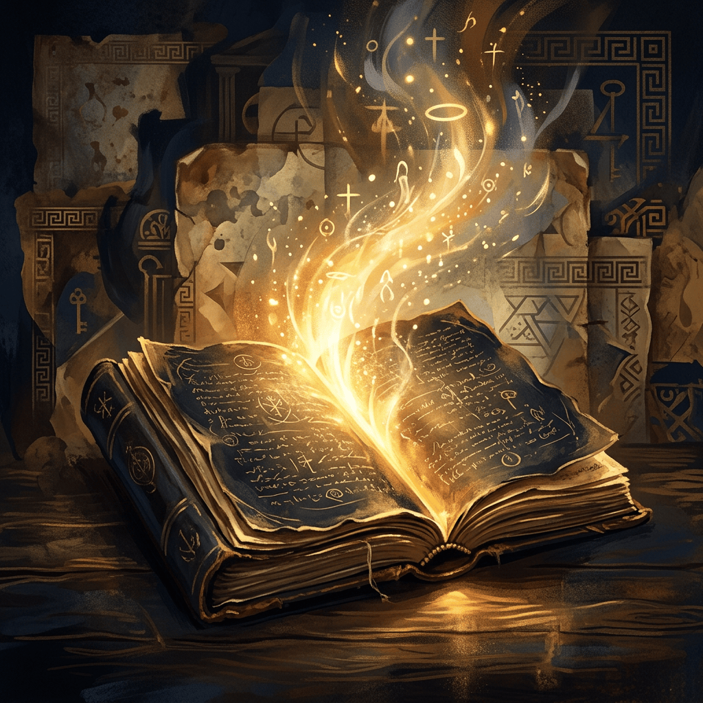 Open spellbook emitting glowing golden magical symbols and wisps
